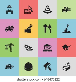 Set Of 16 Editable Building Icons. Includes Symbols Such As Camion, Spatula, Truck And More. Can Be Used For Web, Mobile, UI And Infographic Design.