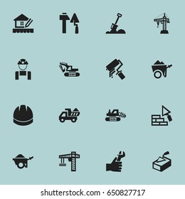Set Of 16 Editable Building Icons. Includes Symbols Such As Oar , Handcart , Excavation Machine. Can Be Used For Web, Mobile, UI And Infographic Design.