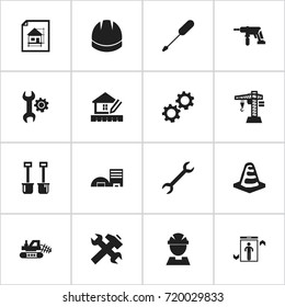 Set Of 16 Editable Building Icons. Includes Symbols Such As Mule, Estate, Cogwheel And More. Can Be Used For Web, Mobile, UI And Infographic Design.