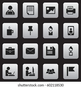 Set Of 16 Editable Bureau Icons. Includes Symbols Such As Floppy, Job Woman, Businesswoman And More. Can Be Used For Web, Mobile, UI And Infographic Design.
