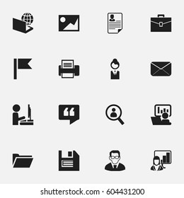 Set Of 16 Editable Bureau Icons. Includes Symbols Such As Publicity, Portfolio, Globe And More. Can Be Used For Web, Mobile, UI And Infographic Design.