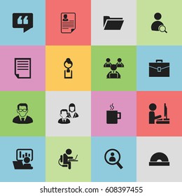Set Of 16 Editable Bureau Icons. Includes Symbols Such As Professor, Businesswoman, Work At The Computer And More. Can Be Used For Web, Mobile, UI And Infographic Design.