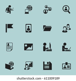 Set Of 16 Editable Bureau Icons. Includes Symbols Such As Picture, Person Working On Computer, Employee And More. Can Be Used For Web, Mobile, UI And Infographic Design.