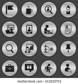 Set Of 16 Editable Bureau Icons. Includes Symbols Such As Job Woman, Person Working On Computer, Portfolio And More. Can Be Used For Web, Mobile, UI And Infographic Design.