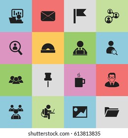 Set Of 16 Editable Bureau Icons. Includes Symbols Such As Mug, Epistle, Publicity And More. Can Be Used For Web, Mobile, UI And Infographic Design.