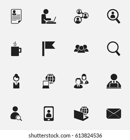 Set Of 16 Editable Bureau Icons. Includes Symbols Such As Workman In Laptop, Globe, Loupe And More. Can Be Used For Web, Mobile, UI And Infographic Design.