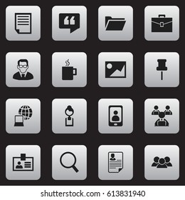 Set Of 16 Editable Bureau Icons. Includes Symbols Such As Worker With Laptop, World, Comment And More. Can Be Used For Web, Mobile, UI And Infographic Design.