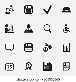 Set Of 16 Editable Bureau Icons. Includes Symbols Such As Handicapped, Workman In Laptop, Control. Can Be Used For Web, Mobile, UI And Infographic Design.