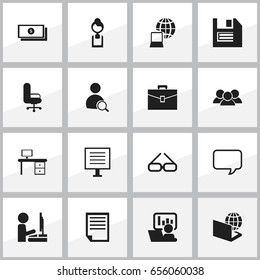 Set Of 16 Editable Bureau Icons. Includes Symbols Such As Search, Work At The Computer, Group And More. Can Be Used For Web, Mobile, UI And Infographic Design.