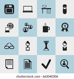 Set Of 16 Editable Bureau Icons. Includes Symbols Such As Floppy Disk, File, Businesswoman And More. Can Be Used For Web, Mobile, UI And Infographic Design.