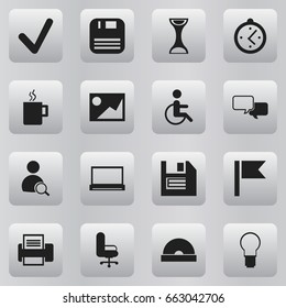 Set Of 16 Editable Bureau Icons. Includes Symbols Such As Floppy, Light, Compact Disk And More. Can Be Used For Web, Mobile, UI And Infographic Design.