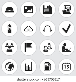 Set Of 16 Editable Bureau Icons. Includes Symbols Such As Earphone, Line Chart, Employee And More. Can Be Used For Web, Mobile, UI And Infographic Design.