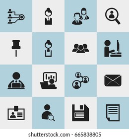 Set Of 16 Editable Bureau Icons. Includes Symbols Such As Job Woman, Businesswoman, Work At The Computer And More. Can Be Used For Web, Mobile, UI And Infographic Design.