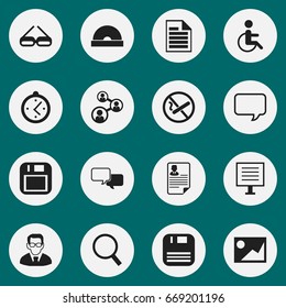 Set Of 16 Editable Bureau Icons. Includes Symbols Such As Eyeglasses, Conversation, Diskette And More. Can Be Used For Web, Mobile, UI And Infographic Design.