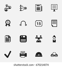 Set Of 16 Editable Bureau Icons. Includes Symbols Such As File, Compact Disk, Staff And More. Can Be Used For Web, Mobile, UI And Infographic Design.
