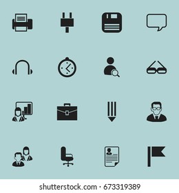 Set Of 16 Editable Bureau Icons. Includes Symbols Such As Search, Printing Machine, Professor And More. Can Be Used For Web, Mobile, UI And Infographic Design.