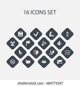 Set Of 16 Editable Bureau Icons. Includes Symbols Such As Worker In Laptop, Worker With Laptop, Date Block And More. Can Be Used For Web, Mobile, UI And Infographic Design.