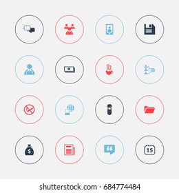 Set Of 16 Editable Bureau Icons. Includes Symbols Such As Smoking Forbidden, Page, Workman In Laptop And More. Can Be Used For Web, Mobile, UI And Infographic Design.