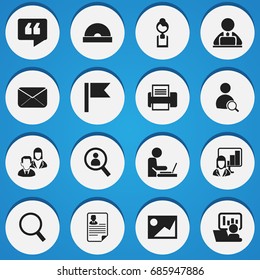 Set Of 16 Editable Bureau Icons. Includes Symbols Such As Workman In Laptop, Loupe, Magnifier And More. Can Be Used For Web, Mobile, UI And Infographic Design.