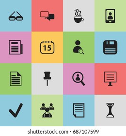 Set Of 16 Editable Bureau Icons. Includes Symbols Such As Page, File, Cup Of Tea And More. Can Be Used For Web, Mobile, UI And Infographic Design.