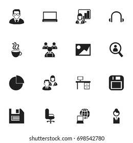 Set Of 16 Editable Bureau Icons. Includes Symbols Such As Cup Of Tea, Magnifier, Worker With Laptop And More. Can Be Used For Web, Mobile, UI And Infographic Design.