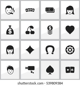 Set Of 16 Editable Business Icons. Includes Symbols Such As Tracking Cam, Game Card, Female Face And More. Can Be Used For Web, Mobile, UI And Infographic Design.