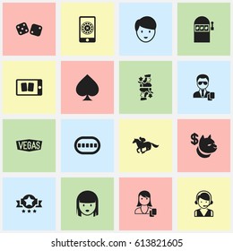 Set Of 16 Editable Business Icons. Includes Symbols Such As Canine Fighter, Smartphone Spinner Gaming, Jackpot And More. Can Be Used For Web, Mobile, UI And Infographic Design.