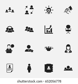 Set Of 16 Editable Business Icons. Includes Symbols Such As Businesswoman, Meeting, Job Woman And More. Can Be Used For Web, Mobile, UI And Infographic Design.
