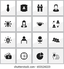 Set Of 16 Editable Business Icons. Includes Symbols Such As Contact Book, Circle Diagram, Speech And More. Can Be Used For Web, Mobile, UI And Infographic Design.