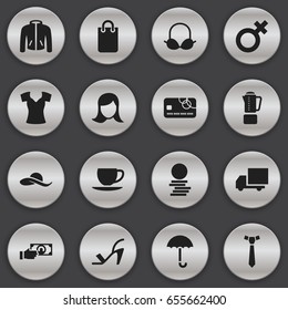 Set Of 16 Editable Business Icons. Includes Symbols Such As Purse, Vest, Clothes And More. Can Be Used For Web, Mobile, UI And Infographic Design.