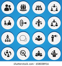 Set Of 16 Editable Business Icons. Includes Symbols Such As Commander, Meeting, Unity. Can Be Used For Web, Mobile, UI And Infographic Design.