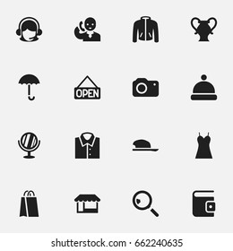 Set Of 16 Editable Business Icons. Includes Symbols Such As Bonnet, Gingham, Amphora And More. Can Be Used For Web, Mobile, UI And Infographic Design.