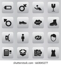 Set Of 16 Editable Business Icons. Includes Symbols Such As Garment, Ribbon, Woman Symbol And More. Can Be Used For Web, Mobile, UI And Infographic Design.