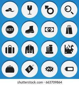 Set Of 16 Editable Business Icons. Includes Symbols Such As Cash, Badge, Clothes And More. Can Be Used For Web, Mobile, UI And Infographic Design.