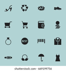 Set Of 16 Editable Business Icons. Includes Symbols Such As Discount Tag, Blouse, Striped And More. Can Be Used For Web, Mobile, UI And Infographic Design.