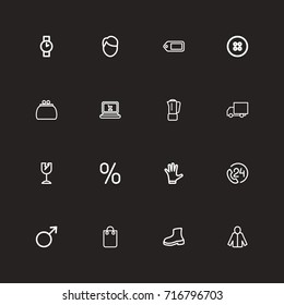 Set Of 16 Editable Business Outline Icons. Includes Symbols Such As 24 Hour Support, Money Purse, Truck And More. Can Be Used For Web, Mobile, UI And Infographic Design.