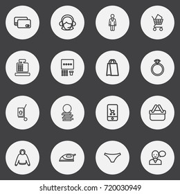 Set Of 16 Editable Business Outline Icons. Includes Symbols Such As Jewel, Hoodie, Panties And More. Can Be Used For Web, Mobile, UI And Infographic Design.