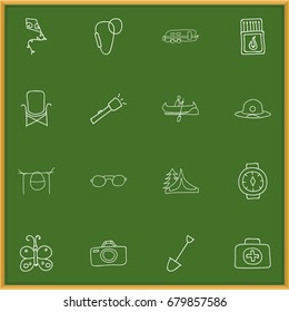 Set Of 16 Editable Camping Doodles. Includes Symbols Such As Beauty Insect, Flammable Stick, Medical Kit And More. Can Be Used For Web, Mobile, UI And Infographic Design.