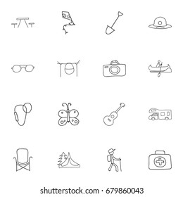 Set Of 16 Editable Camping Doodles. Includes Symbols Such As Flying Toy, Seat, Beach Hat And More. Can Be Used For Web, Mobile, UI And Infographic Design.