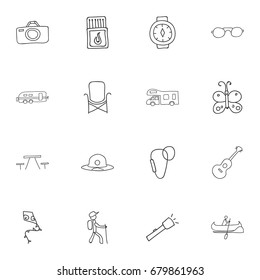Set Of 16 Editable Camping Doodles. Includes Symbols Such As Picnic, Beach Hat, Musical Instrument And More. Can Be Used For Web, Mobile, UI And Infographic Design.