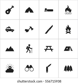 Set Of 16 Editable Camping Icons. Includes Symbols Such As Fever, Sunrise, Gait And More. Can Be Used For Web, Mobile, UI And Infographic Design.