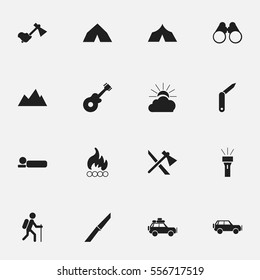 Set Of 16 Editable Camping Icons. Includes Symbols Such As Blaze, Bedroll, Tomahawk And More. Can Be Used For Web, Mobile, UI And Infographic Design.