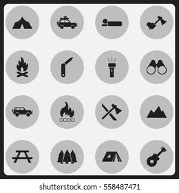 Set Of 16 Editable Camping Icons. Includes Symbols Such As Field Glasses, Ax, Fever And More. Can Be Used For Web, Mobile, UI And Infographic Design.