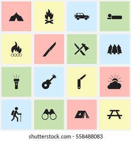 Set Of 16 Editable Camping Icons. Includes Symbols Such As Shelter, Knife, Lantern And More. Can Be Used For Web, Mobile, UI And Infographic Design.