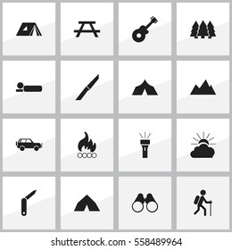 Set Of 16 Editable Camping Icons. Includes Symbols Such As Refuge, Pine, Sport Vehicle And More. Can Be Used For Web, Mobile, UI And Infographic Design.