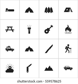 Set Of 16 Editable Camping Icons. Includes Symbols Such As Tepee, Shelter, Pine And More. Can Be Used For Web, Mobile, UI And Infographic Design.