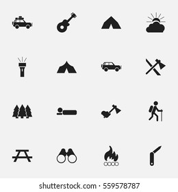Set Of 16 Editable Camping Icons. Includes Symbols Such As Musical Instrument, Tomahawk, Blaze And More. Can Be Used For Web, Mobile, UI And Infographic Design.
