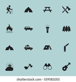 Set Of 16 Editable Camping Icons. Includes Symbols Such As Shelter, Voyage Car, Ax And More. Can Be Used For Web, Mobile, UI And Infographic Design.