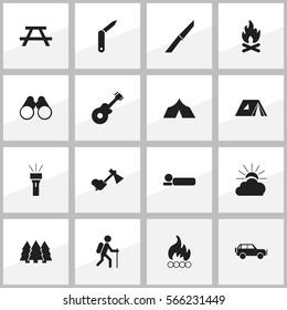 Set Of 16 Editable Camping Icons. Includes Symbols Such As Blaze, Field Glasses, Sunrise And More. Can Be Used For Web, Mobile, UI And Infographic Design.