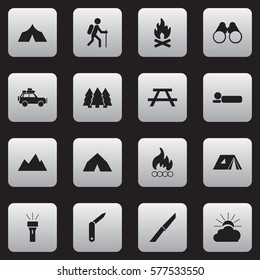 Set Of 16 Editable Camping Icons. Includes Symbols Such As Knife, Tepee, Bedroll And More. Can Be Used For Web, Mobile, UI And Infographic Design.